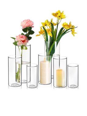 NEW 8 Pack Cylinder Clear Glass Centerpiece Flower Hurricane Vases 3 sizes